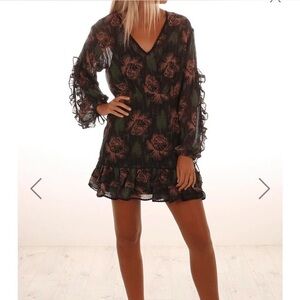 STEVIE MAY Black Floral Long Sleeve Bohemian Ruffle Mini Dress